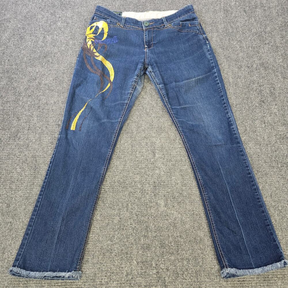 Marithe Francois Girbaud Jeans Women's 36x32 Blue Graphic Y2K Frayed Hem